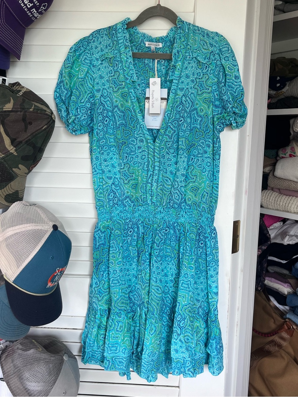 Poupette St. Barth Turquoise & Teal Printed V-Neck Mini Dress NWT